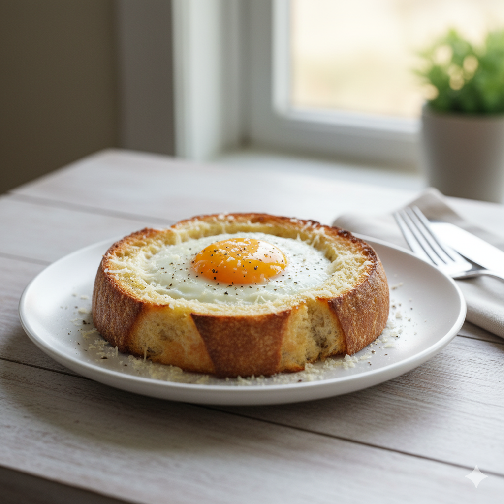 Huevo al nido en pan tostado servido