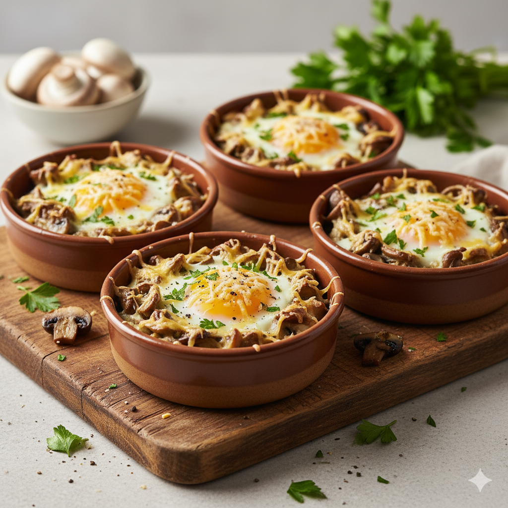 Huevos al horno con champiñones emplatados
