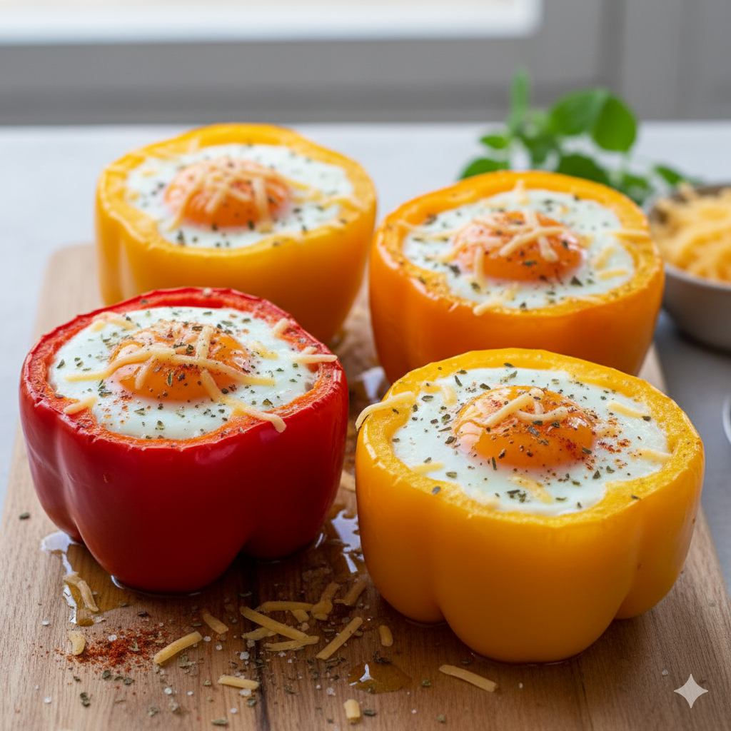Huevos al horno servidos dentro de pimientos de colores