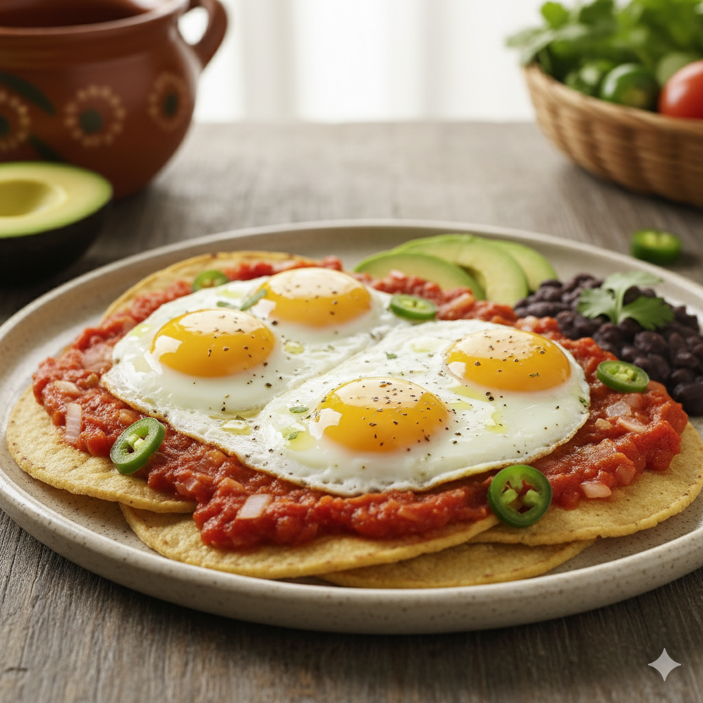 Huevos rancheros servidos sobre tortillas con salsa y aguacate