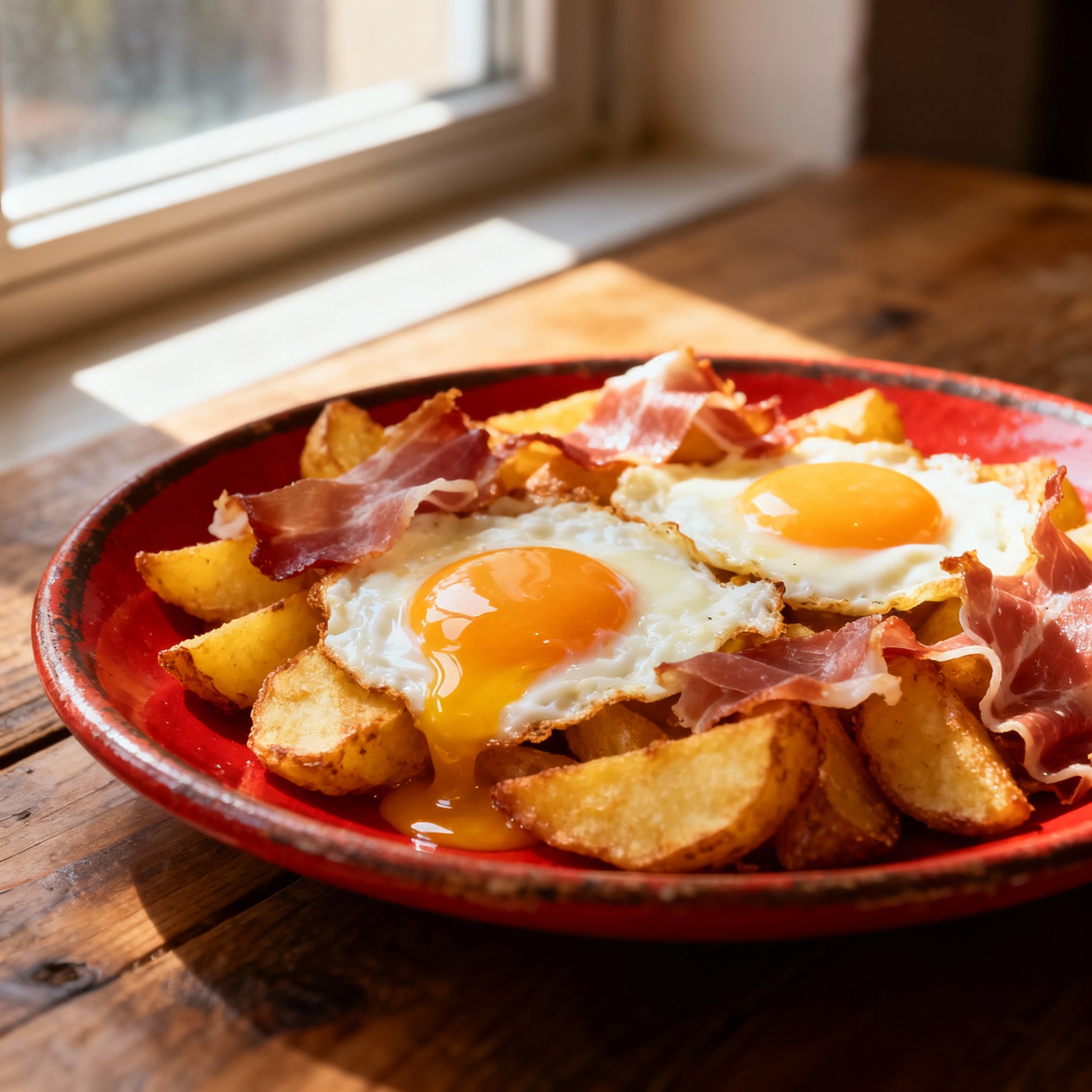 Huevos rotos con patatas y jamón