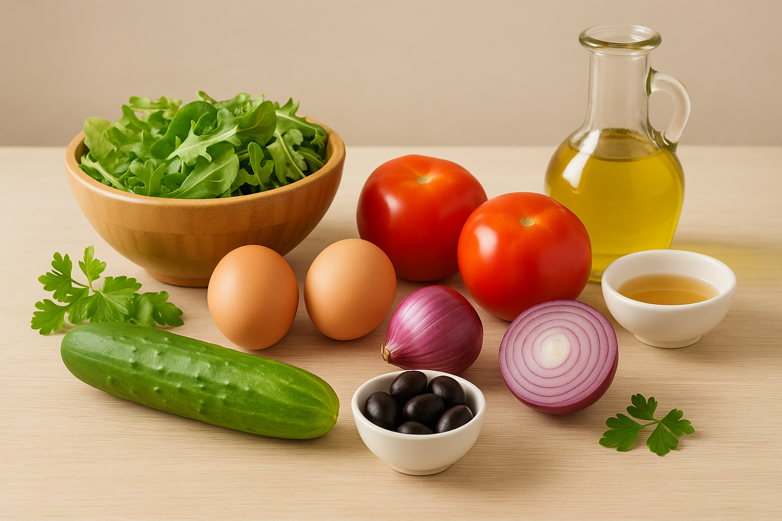 Ingredientes: huevos, lechuga, tomate, pepino y aceitunas