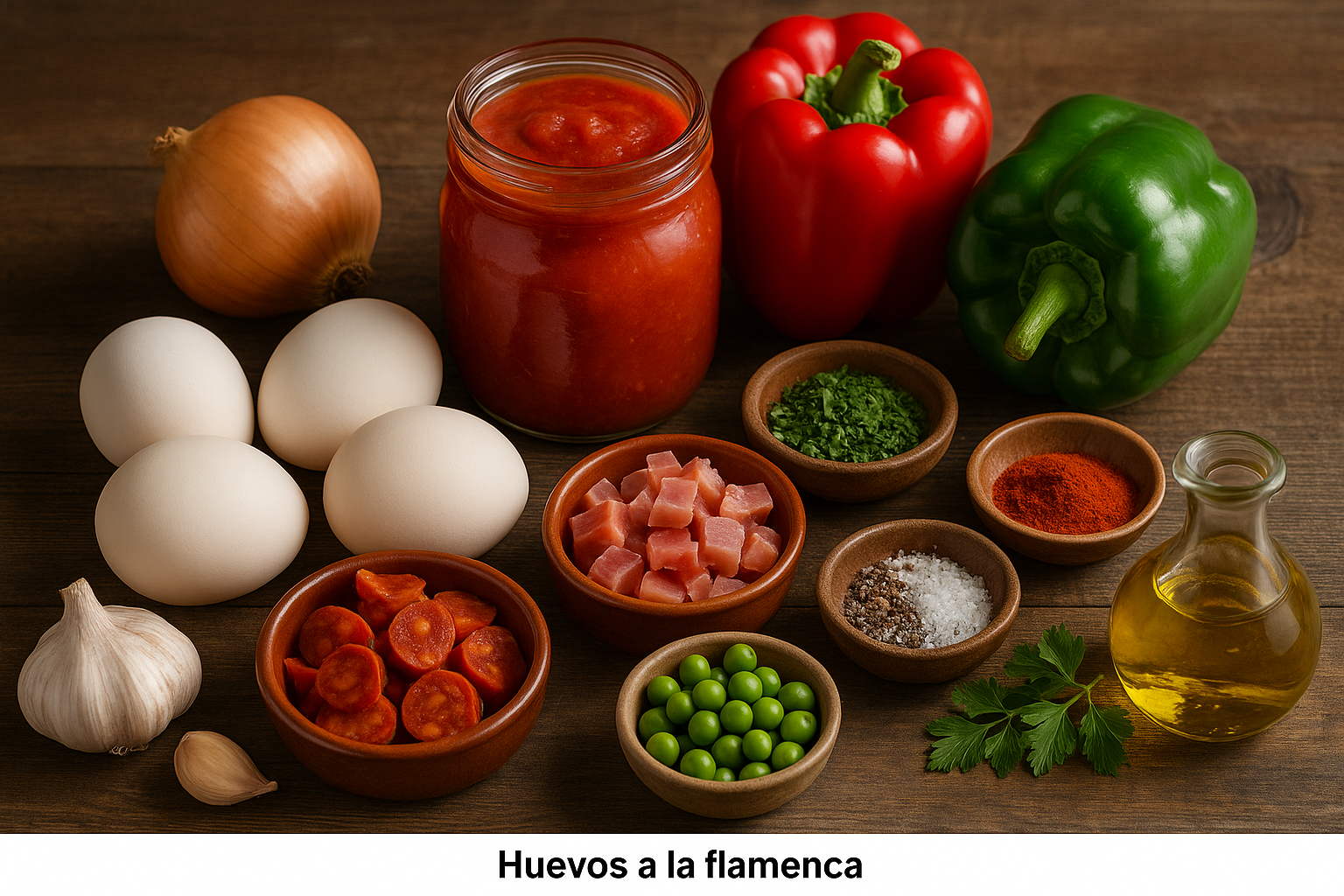 Ingredientes para huevos a la flamenca: huevos, tomate, pimientos, jamón, chorizo