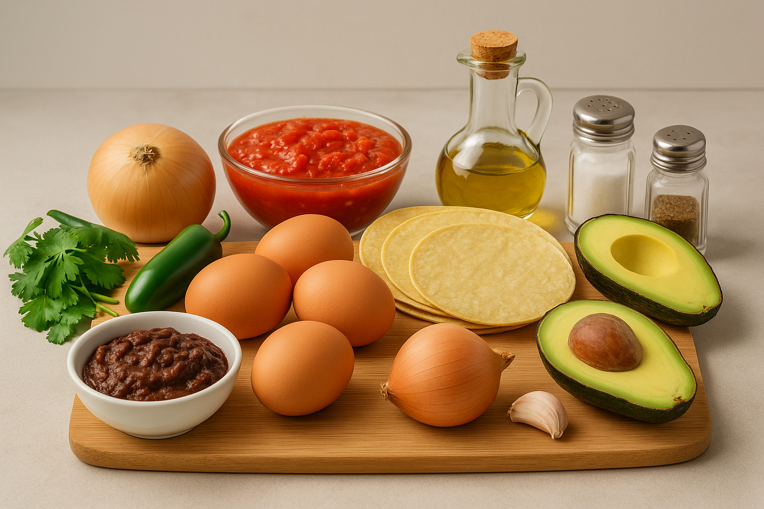 Ingredientes: huevos, tortillas, tomate, cebolla y chiles