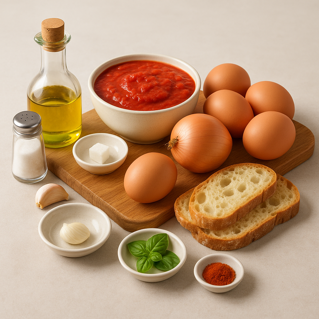 Ingredientes: huevos, tomate triturado, cebolla y ajo