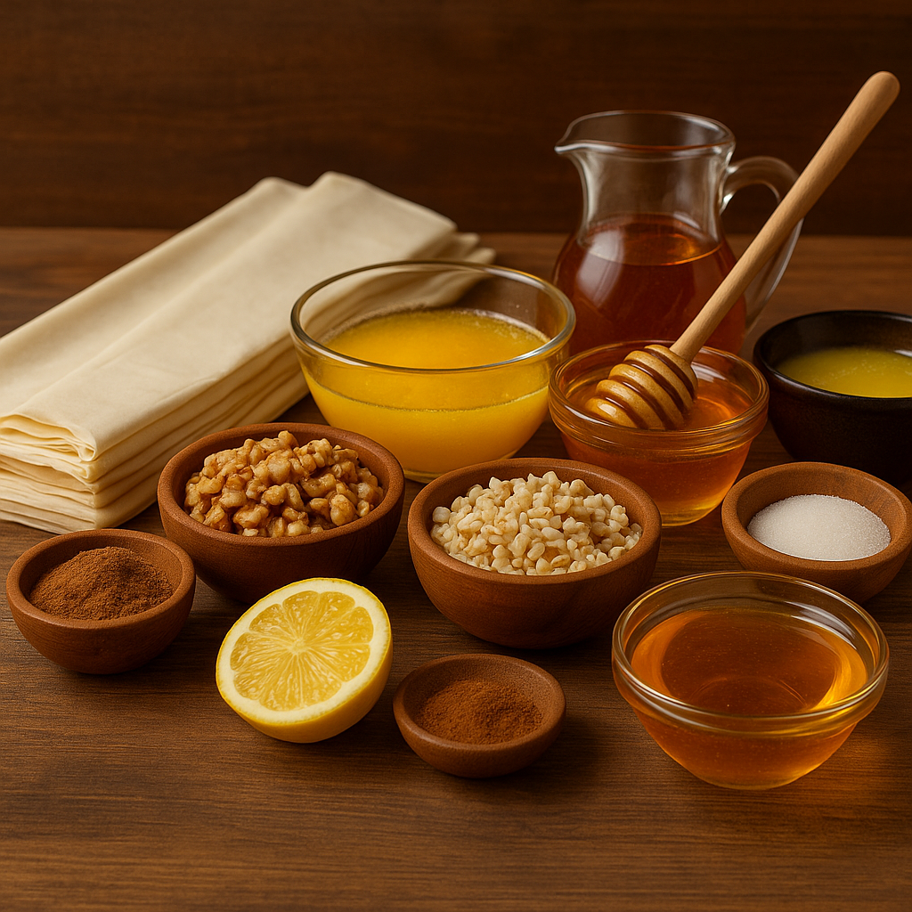 Ingredientes para baklava griego: masa filo, frutos secos, miel, mantequilla