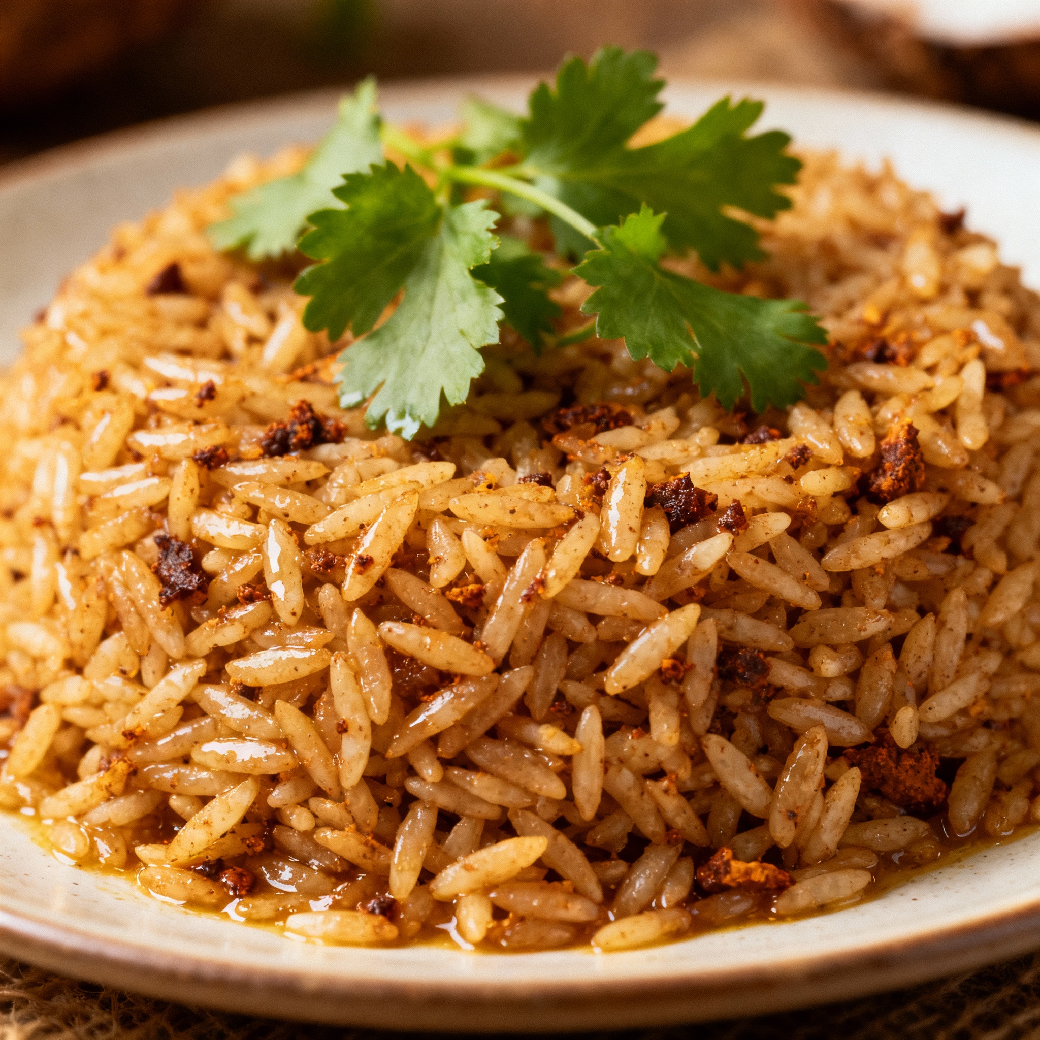 Plato de arroz con coco, decorado con cilantro y especias