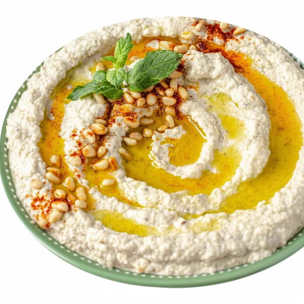 Plato de mutabal crema de berenjena decorado con granada y perejil