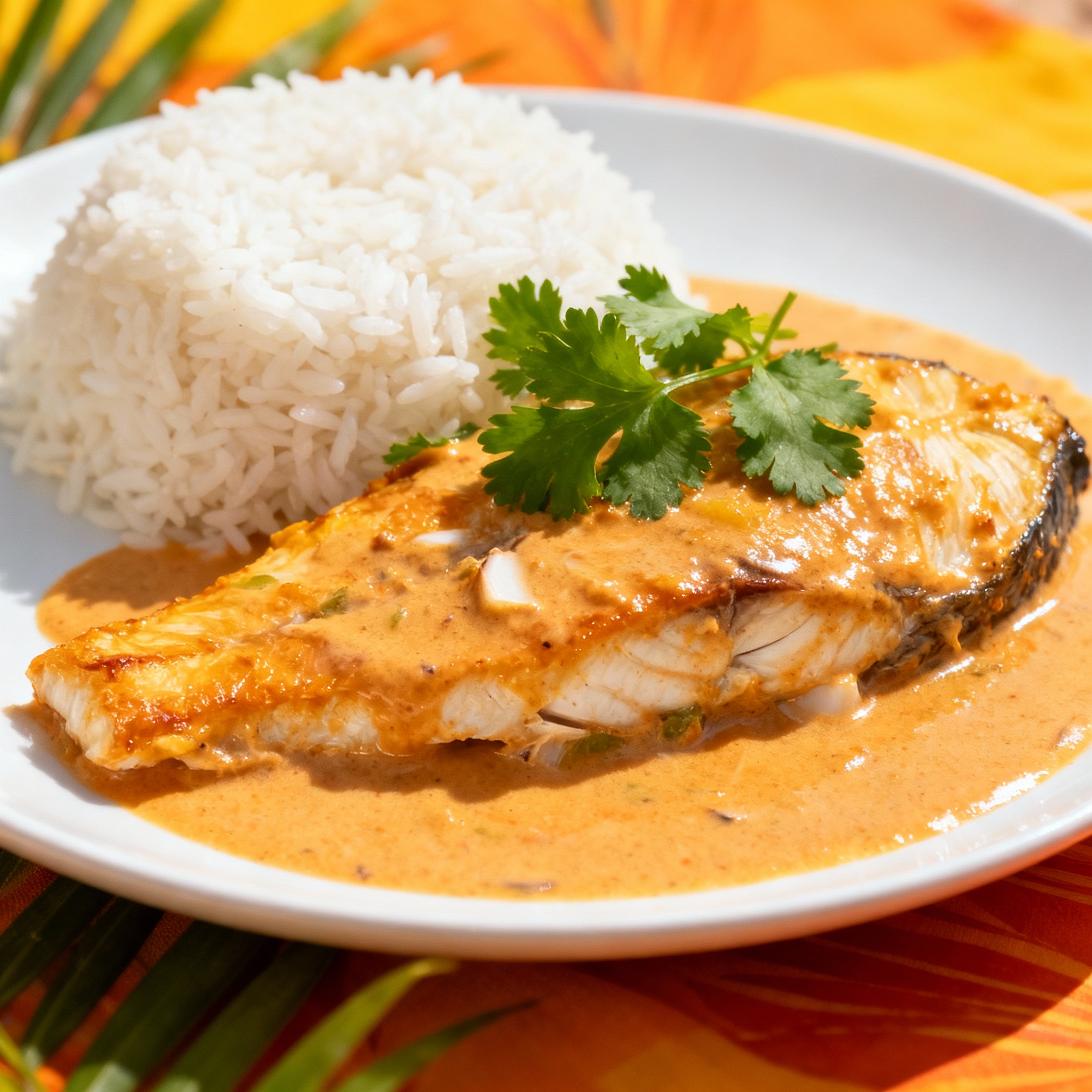 Filetes de pescado cocinados en salsa cremosa de coco con hierbas y especias