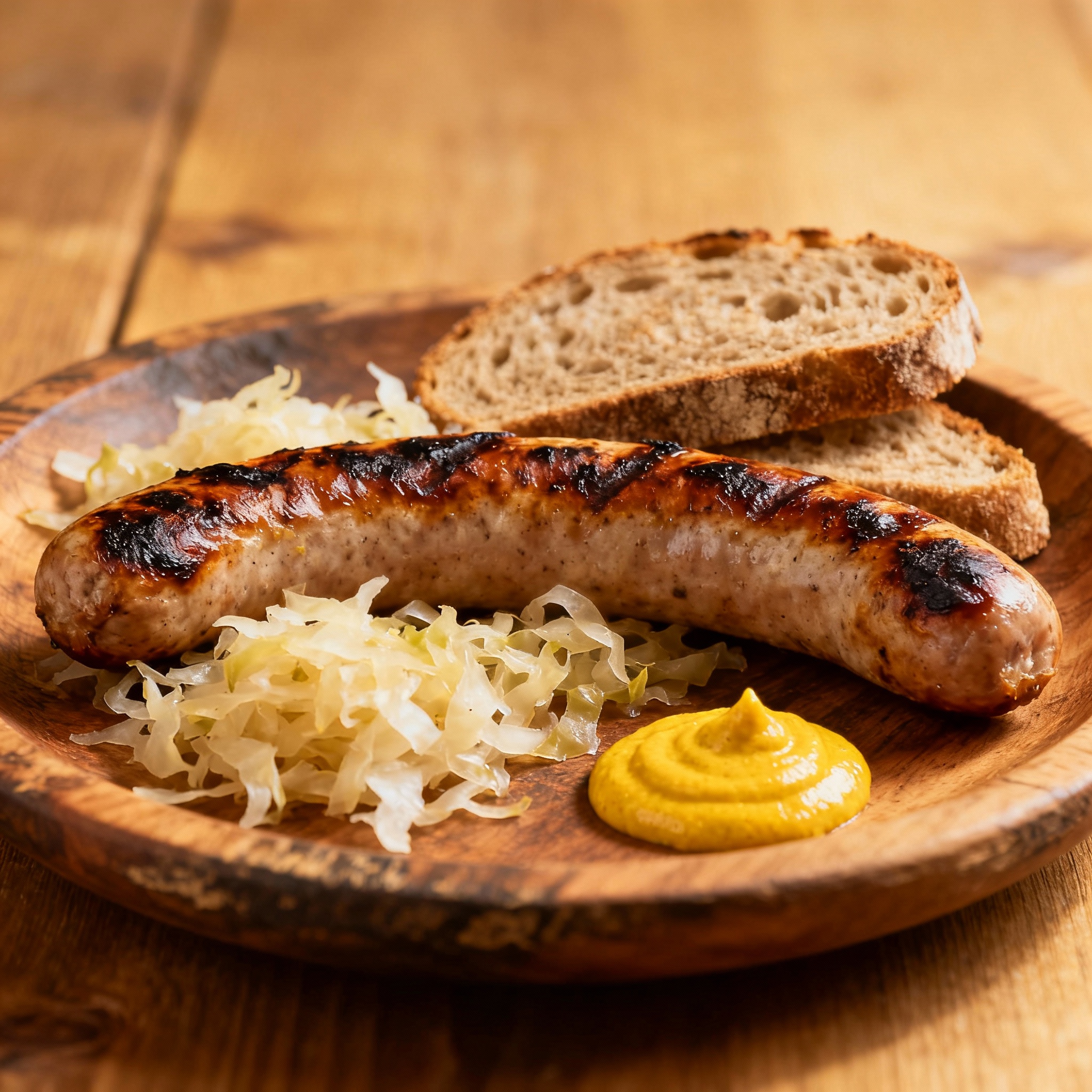 Bratwurst alemana con chucrut, pan y mostaza