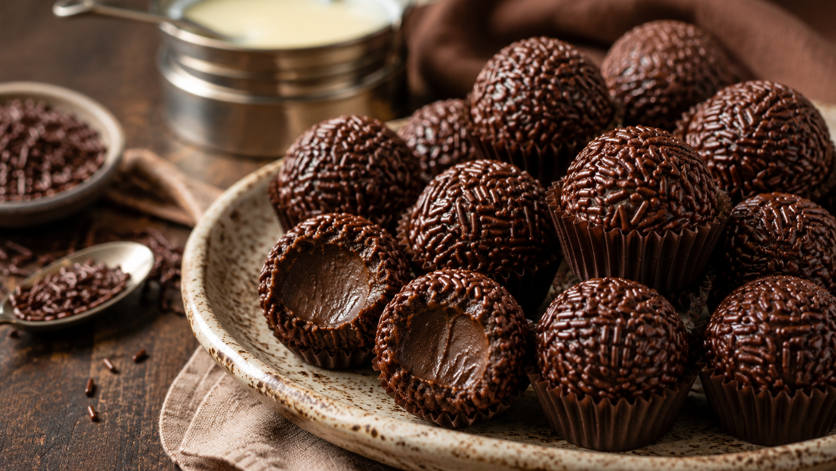 Brigadeiros brasileños de chocolate cubiertos con fideos de chocolate