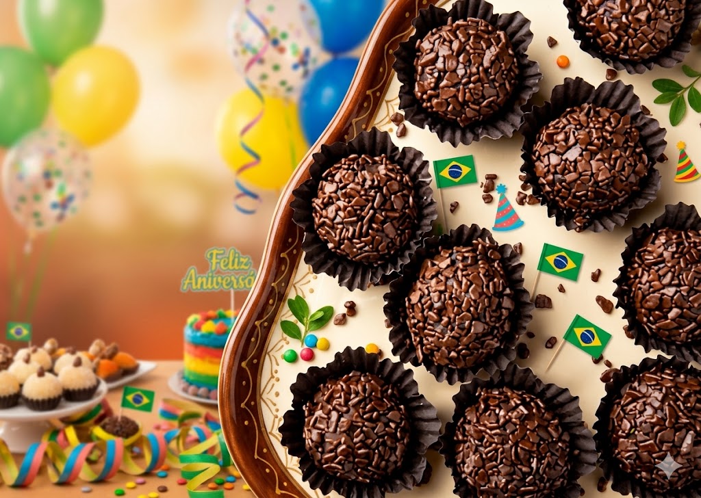 Brigadeiros brasileños servidos en cápsulas de papel con fideos de chocolate