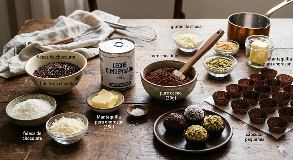 Ingredientes para preparar brigadeiro brasileño