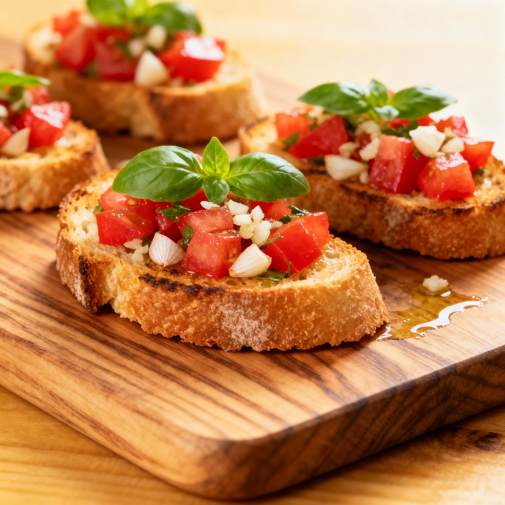 Bruschettas italianas clásicas servidas sobre tabla de madera