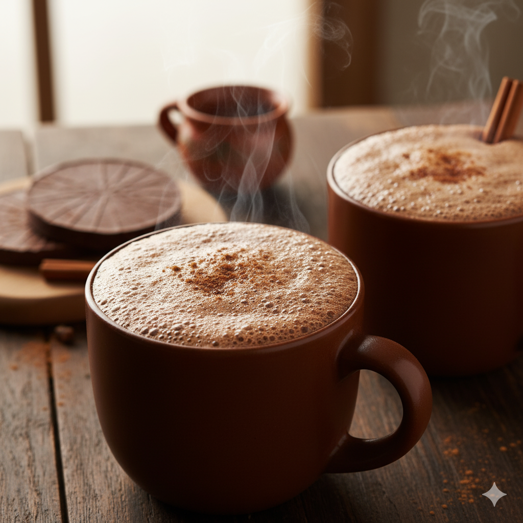 Tazas de chocolate caliente mexicano con canela en rama