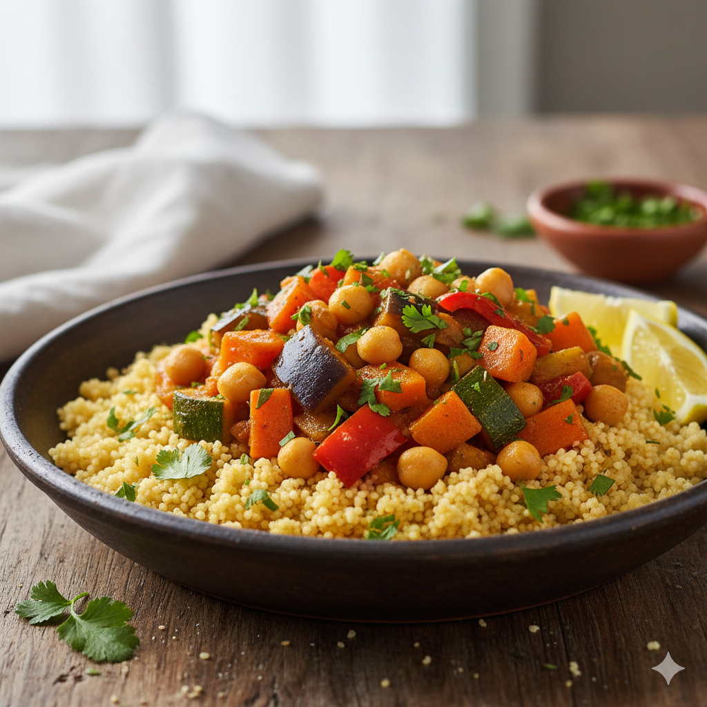 Cuenco de cuscús con verduras y garbanzos, decorado con hierbas