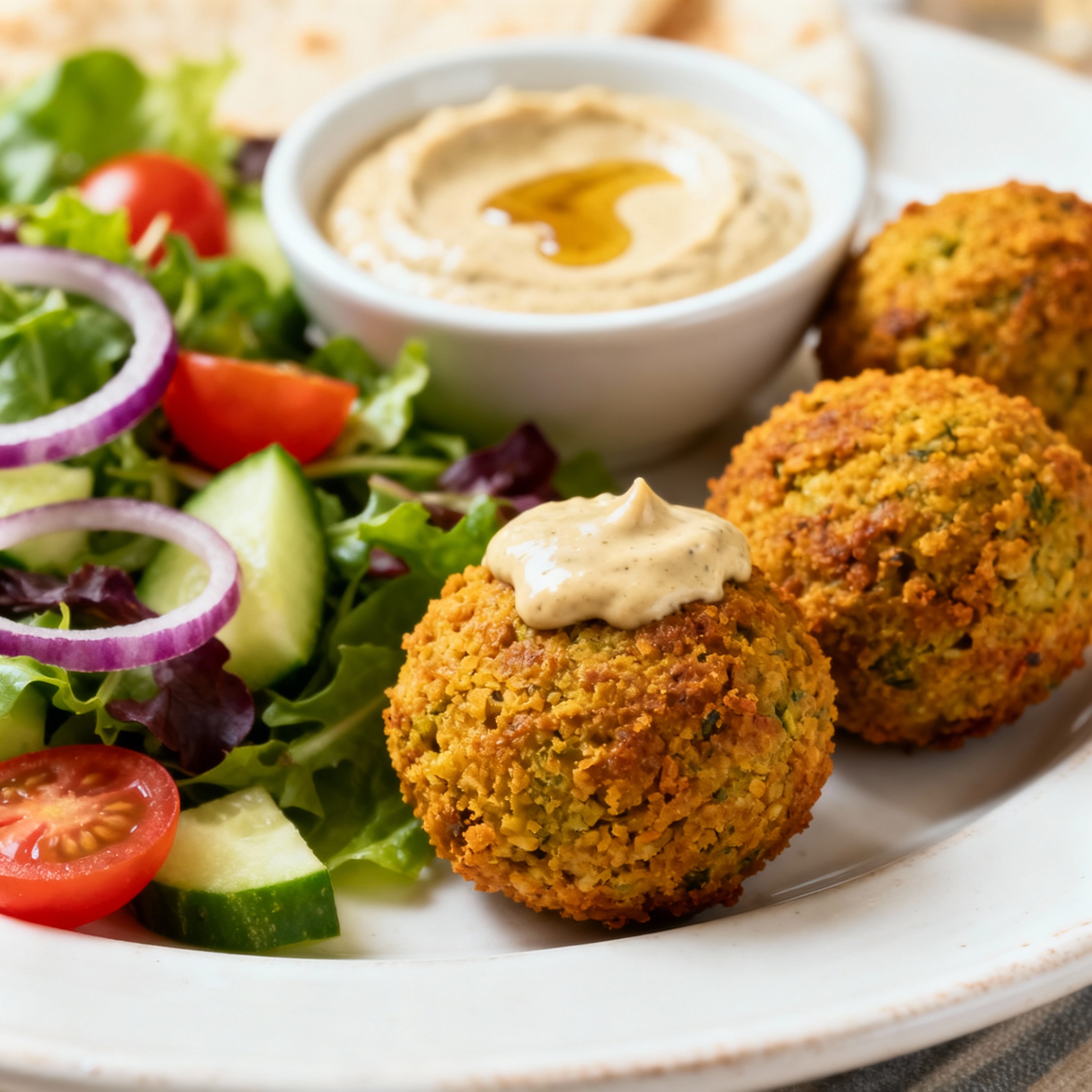 Bolitas de falafel doradas servidas con salsa y ensalada