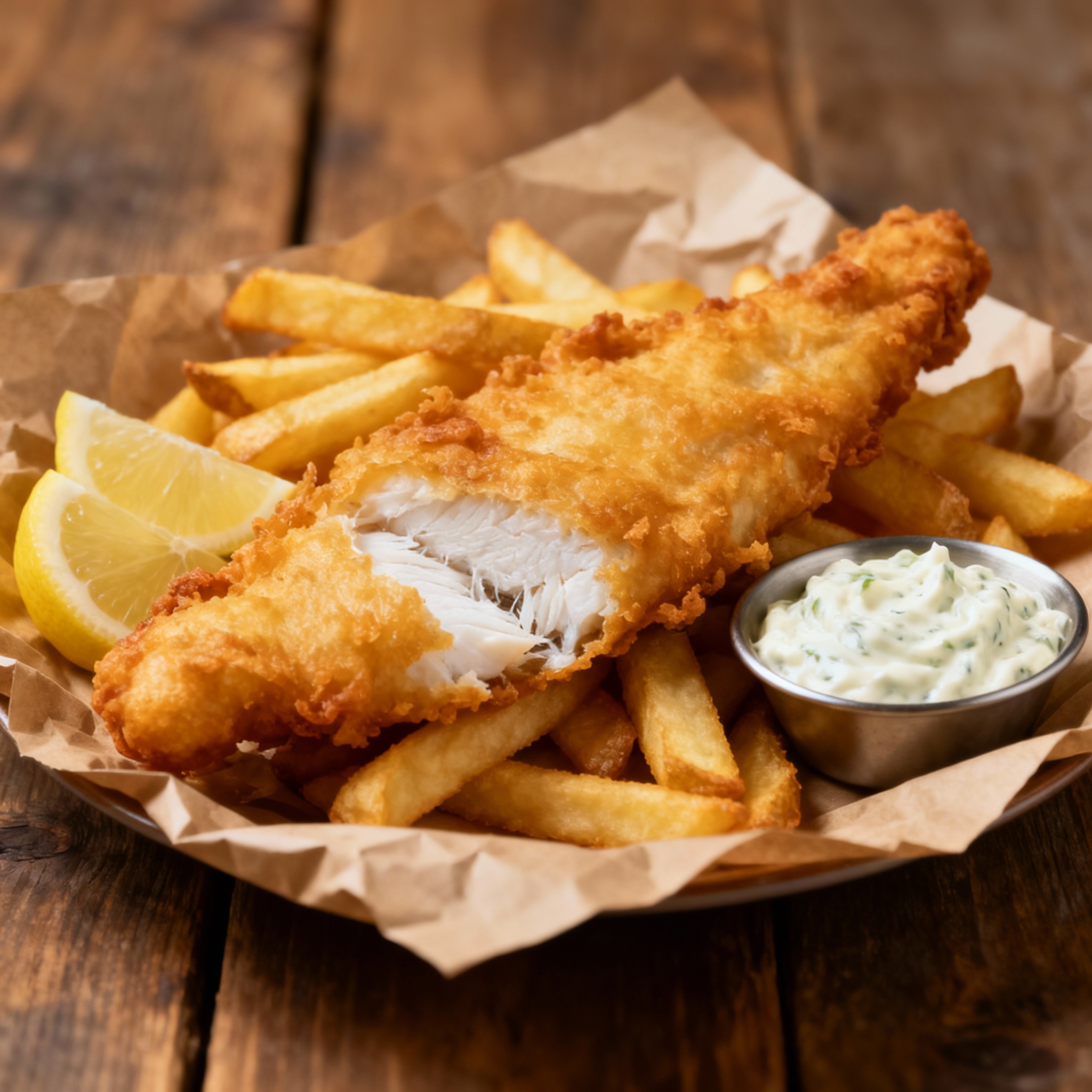Fish and chips tradicional inglés servido con limón y salsa tártara