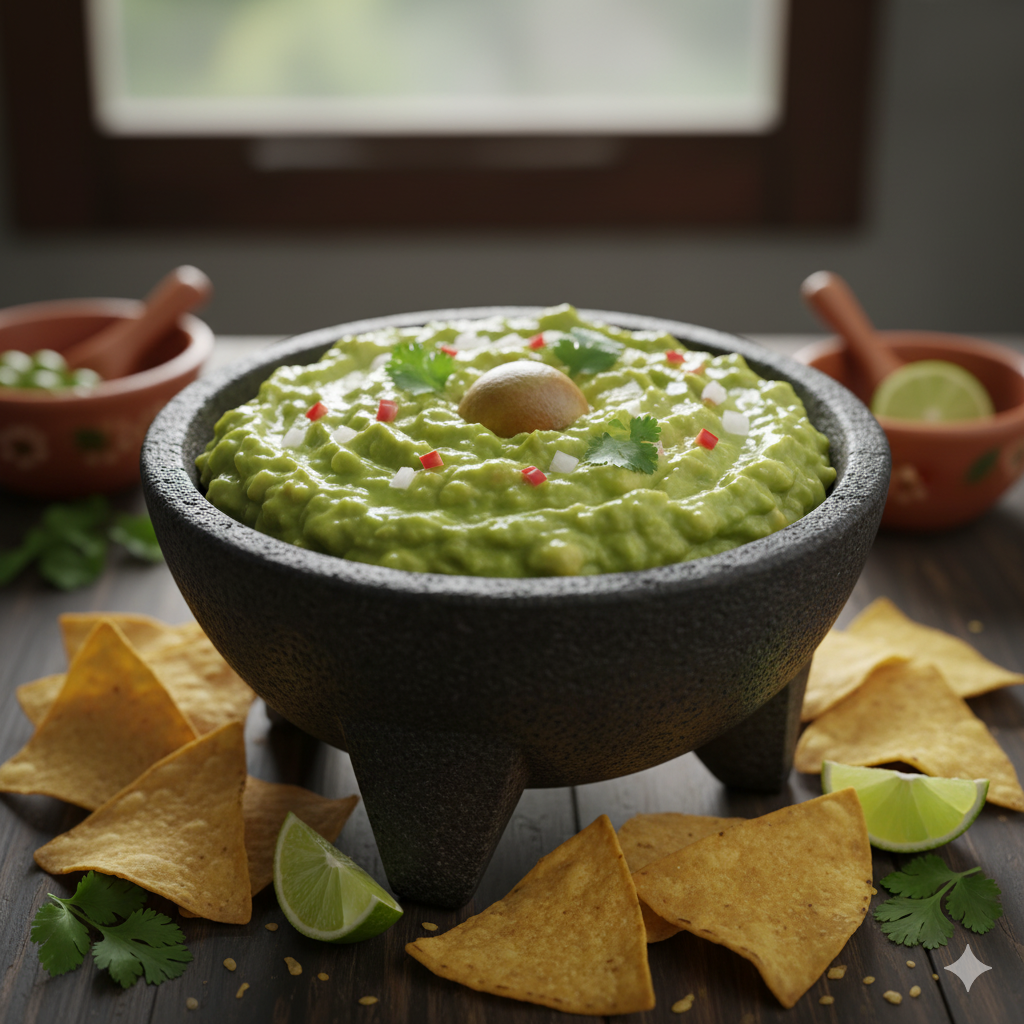 Cuenco de guacamole cremoso con totopos y lima