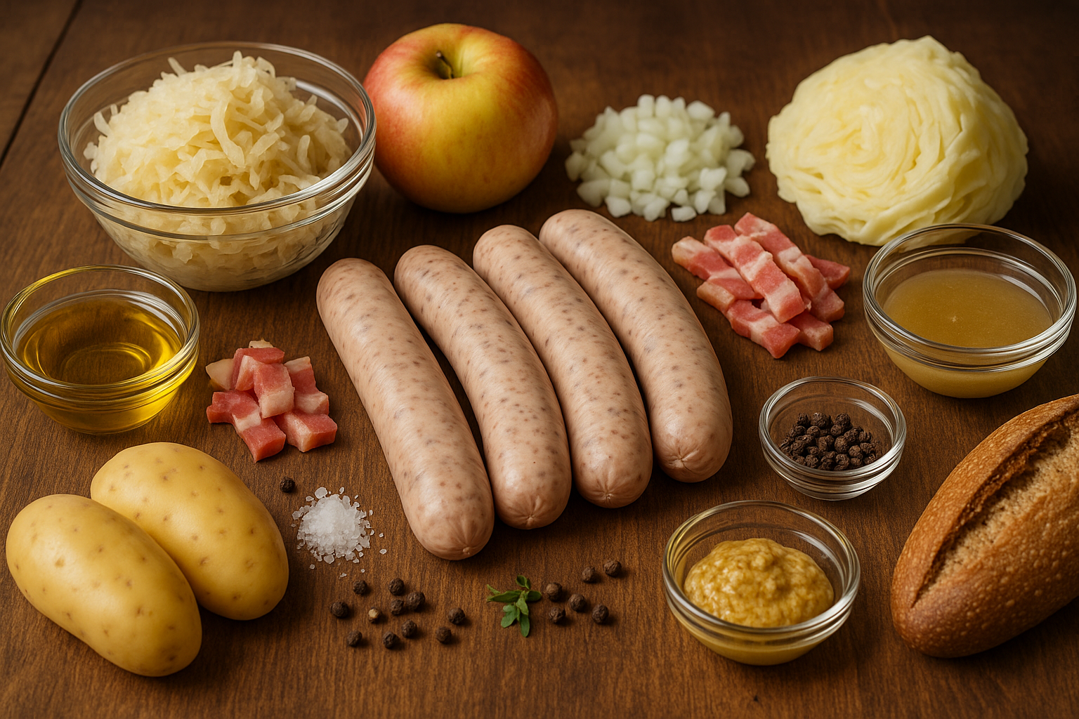 Ingredientes para bratwurst alemana con chucrut y pan