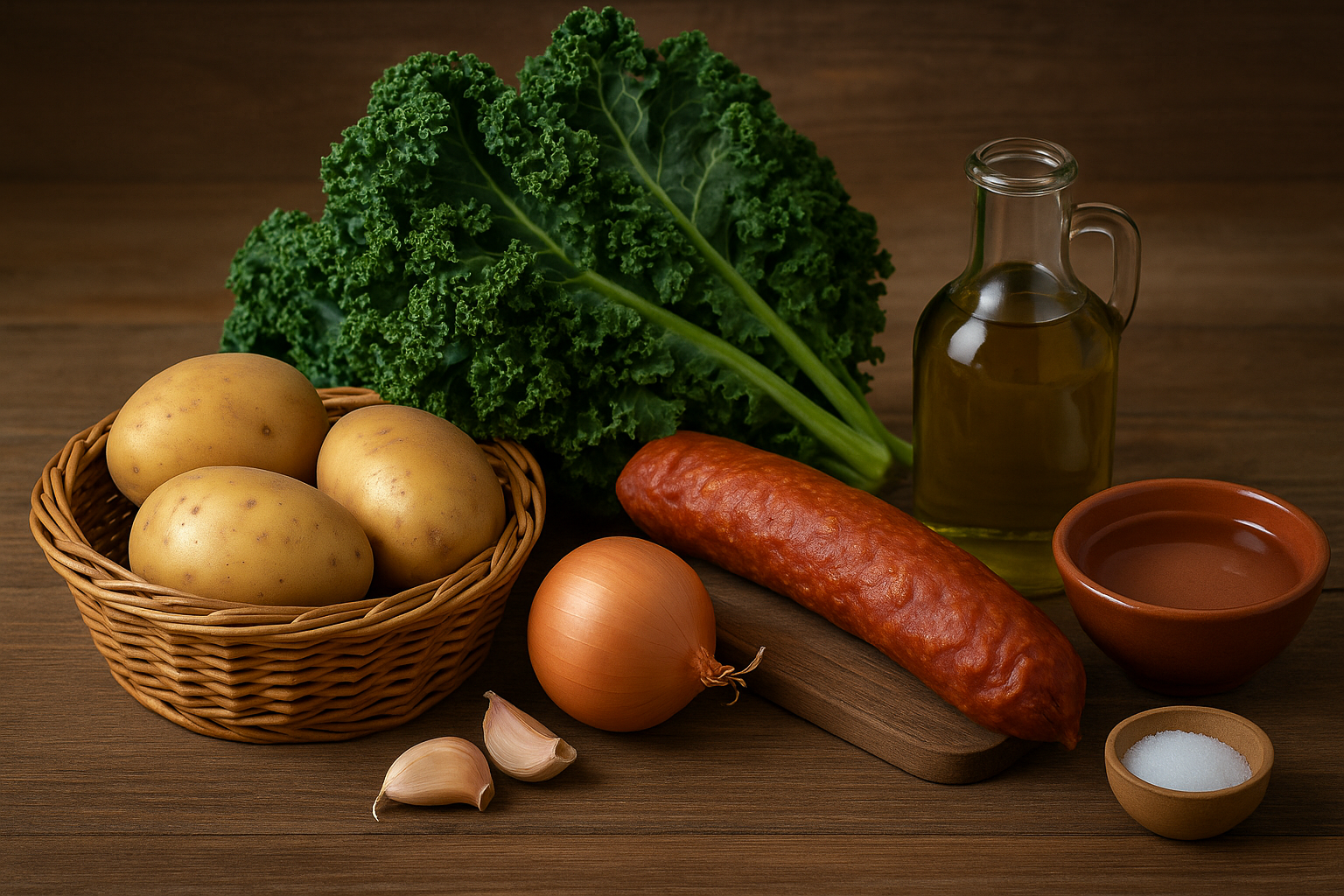 Ingredientes para caldo verde portugués: patatas, chorizo, berza, ajo y cebolla