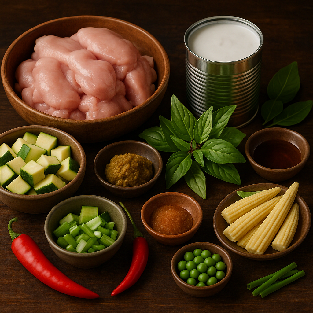 Ingredientes del curry verde: pollo, leche de coco, pasta de curry, calabacín, pimiento, cebolleta, lima kaffir y albahaca