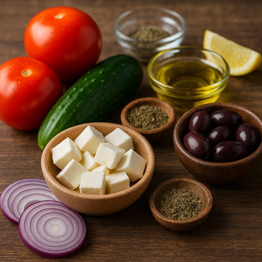 Ingredientes ensalada griega con tomate, pepino, queso feta y aceitunas