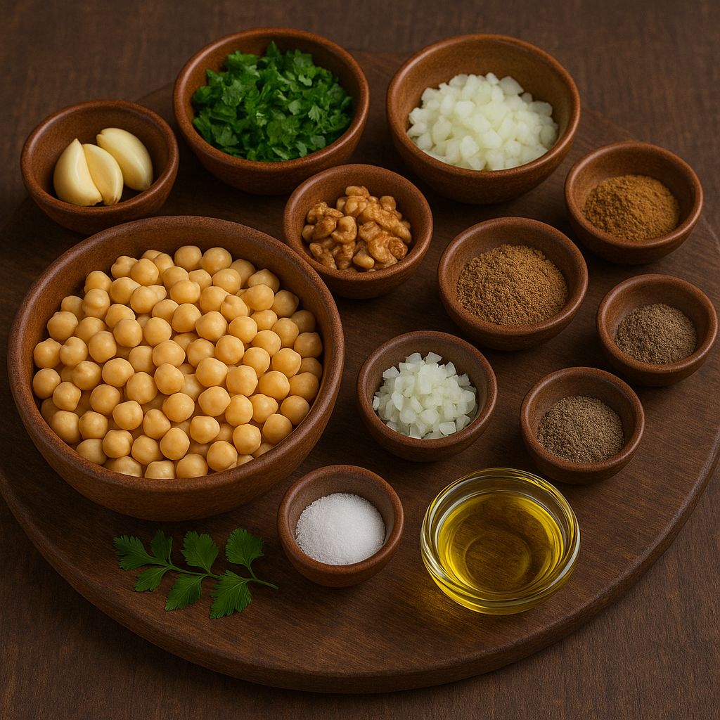 Ingredientes para falafel: garbanzos, especias, ajo y hierbas