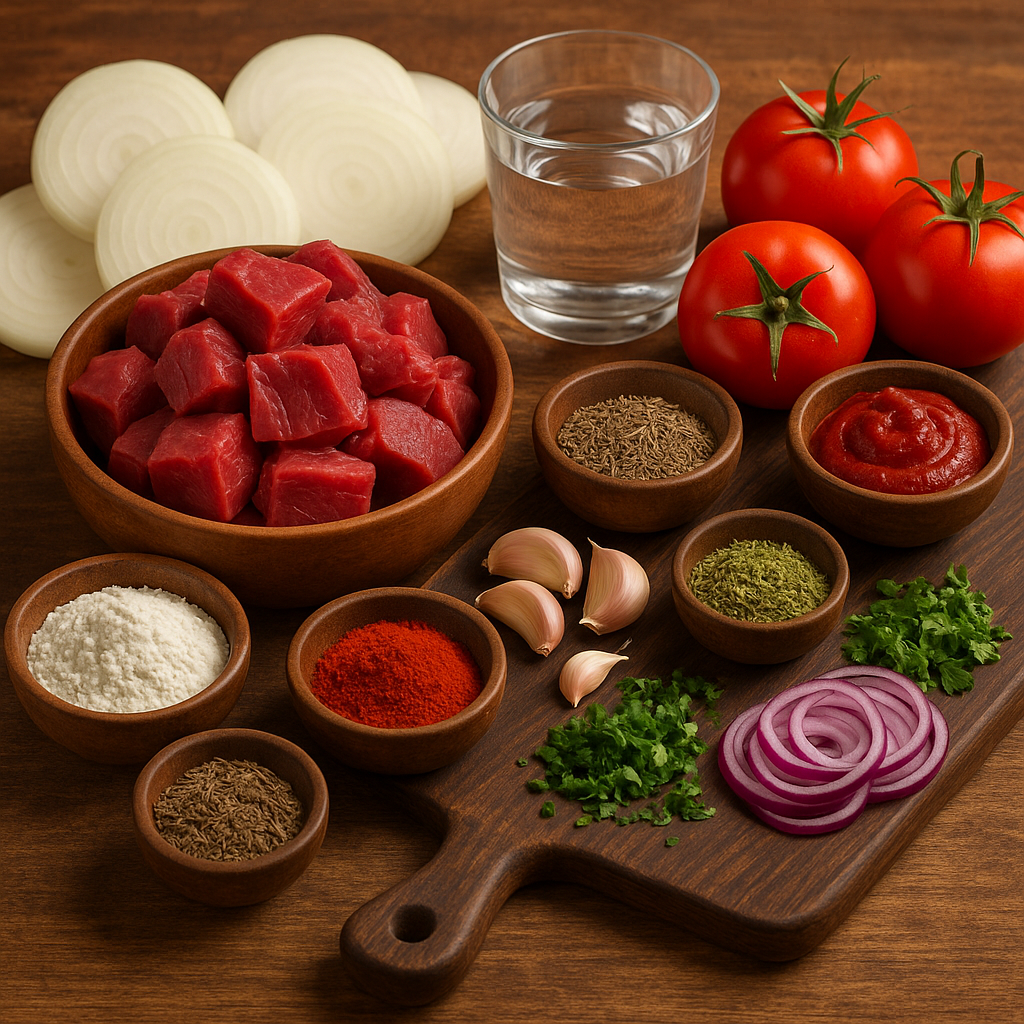 Ingredientes para goulash checo: carne, cebolla, pimentón, especias