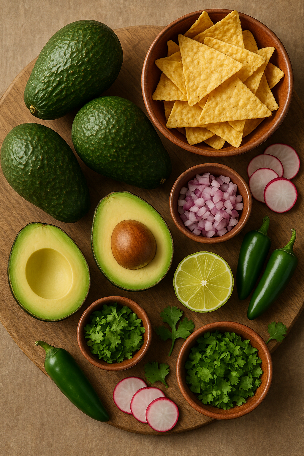 Ingredientes para guacamole: aguacates, cebolla, cilantro, chile, lima