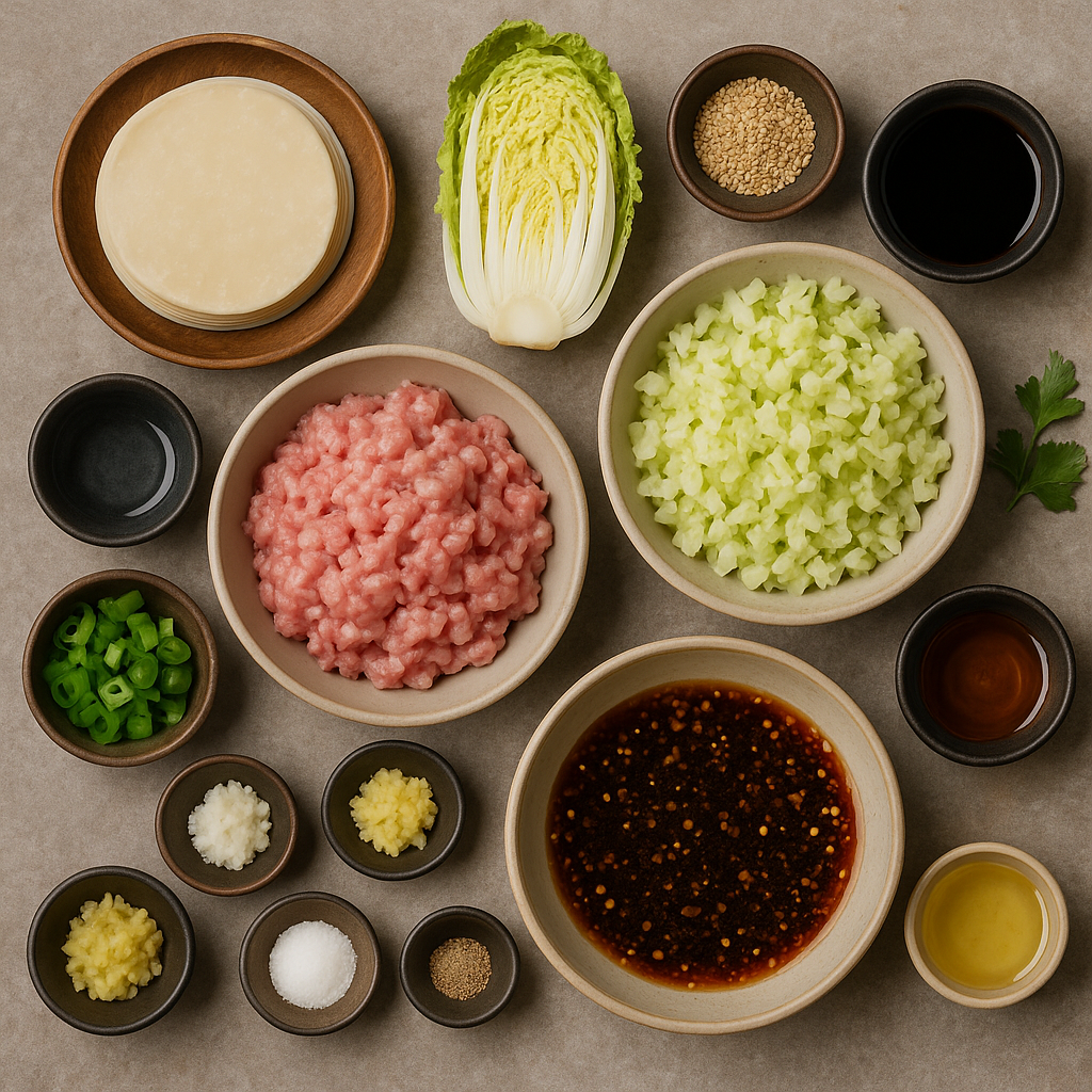 Ingredientes para gyoza: obleas, carne picada, col, jengibre, salsa de soja
