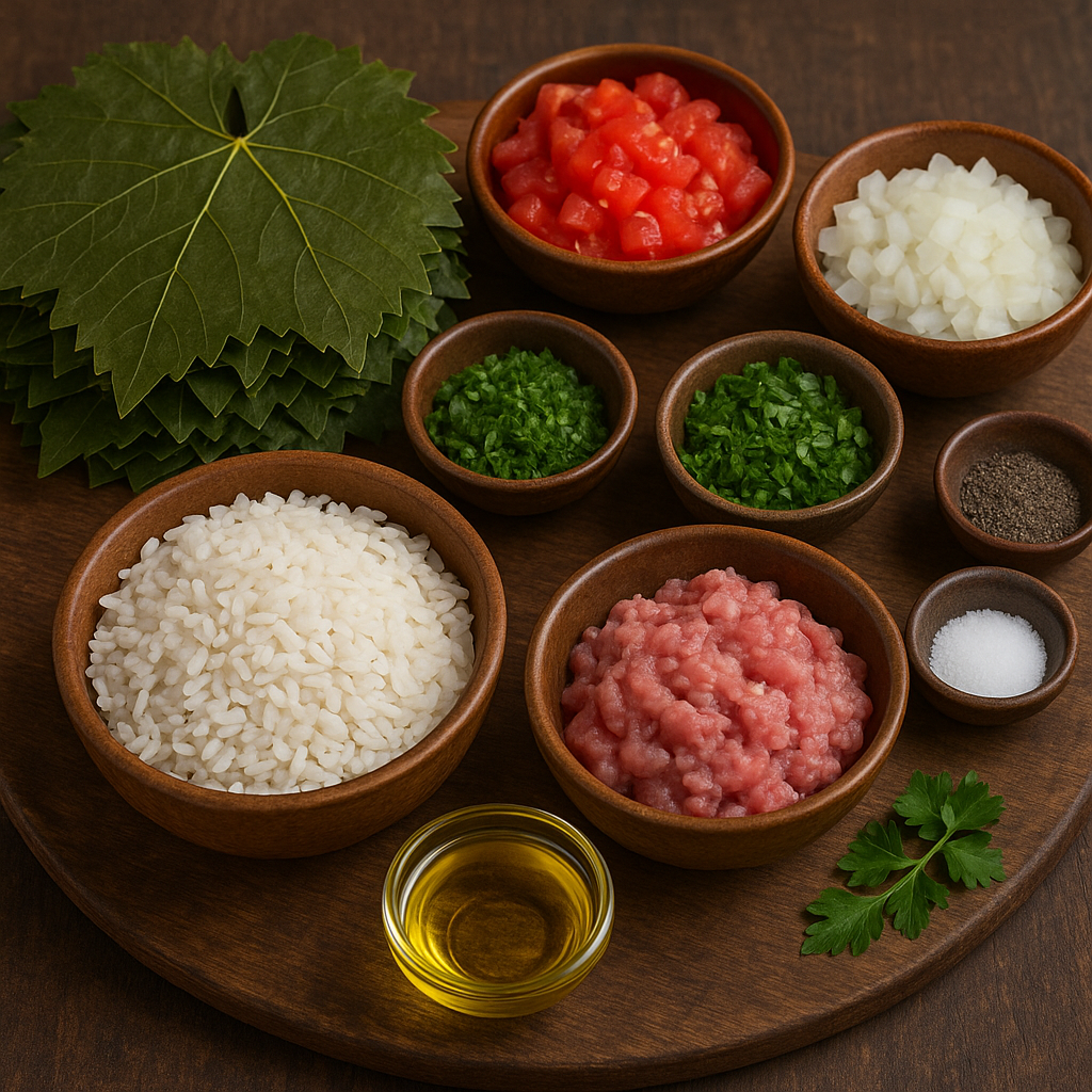 Ingredientes para hojas de parra rellenas: hojas, arroz, hierbas y especias