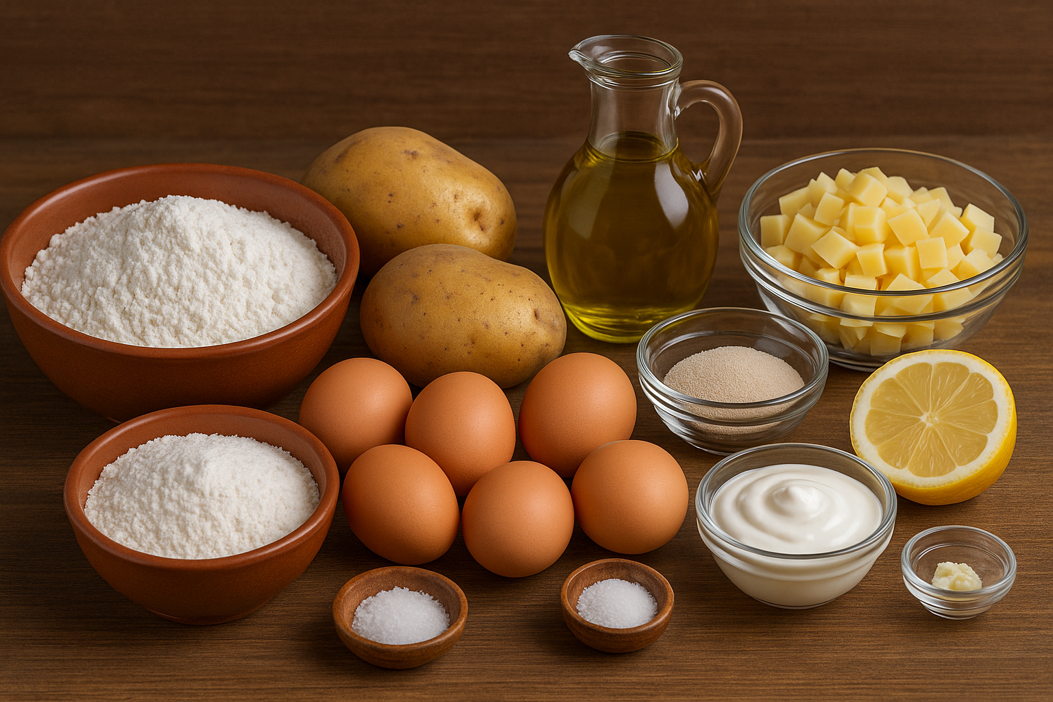 Ingredientes para langos: harina, patata cocida, huevos, levadura