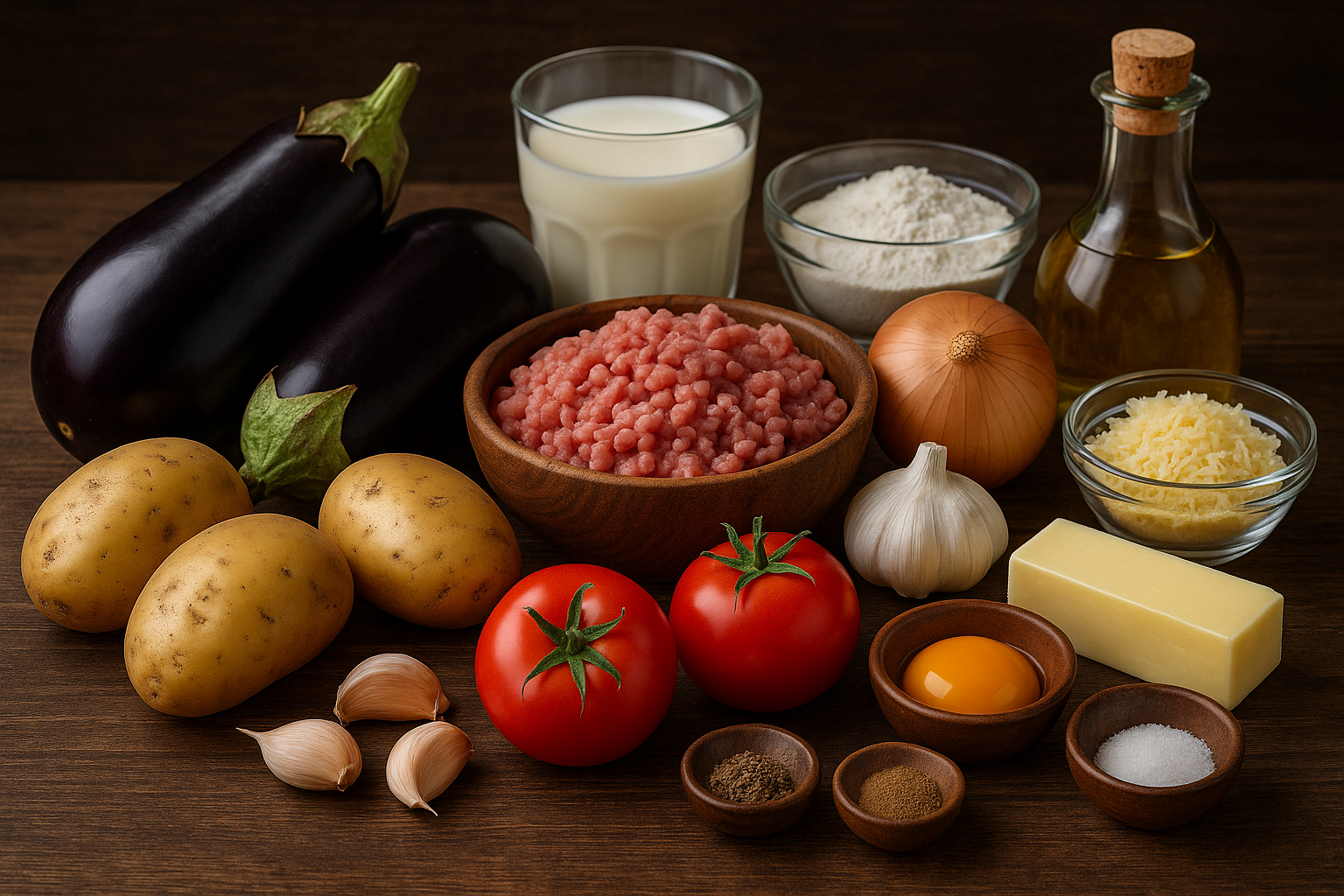 Ingredientes para moussaka griega: berenjenas, carne, tomate, cebolla, bechamel