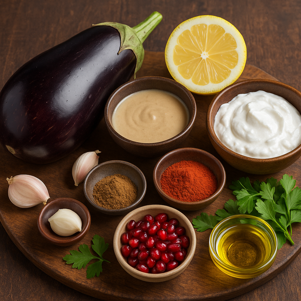 Ingredientes para mutabal crema de berenjena: berenjena, tahini, ajo, limón y especias