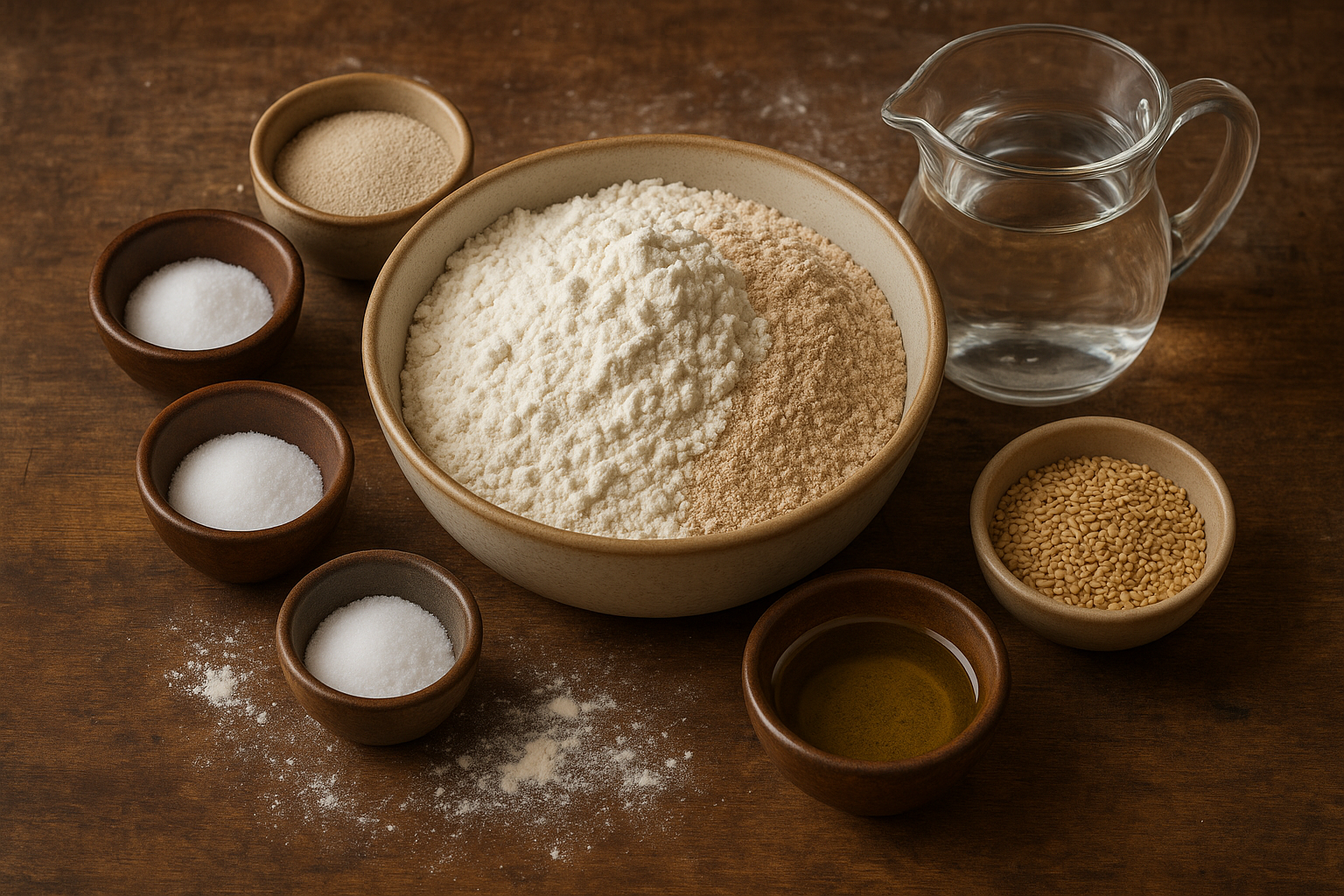 Ingredientes para pan marroquí casero: harina, levadura, aceite de oliva