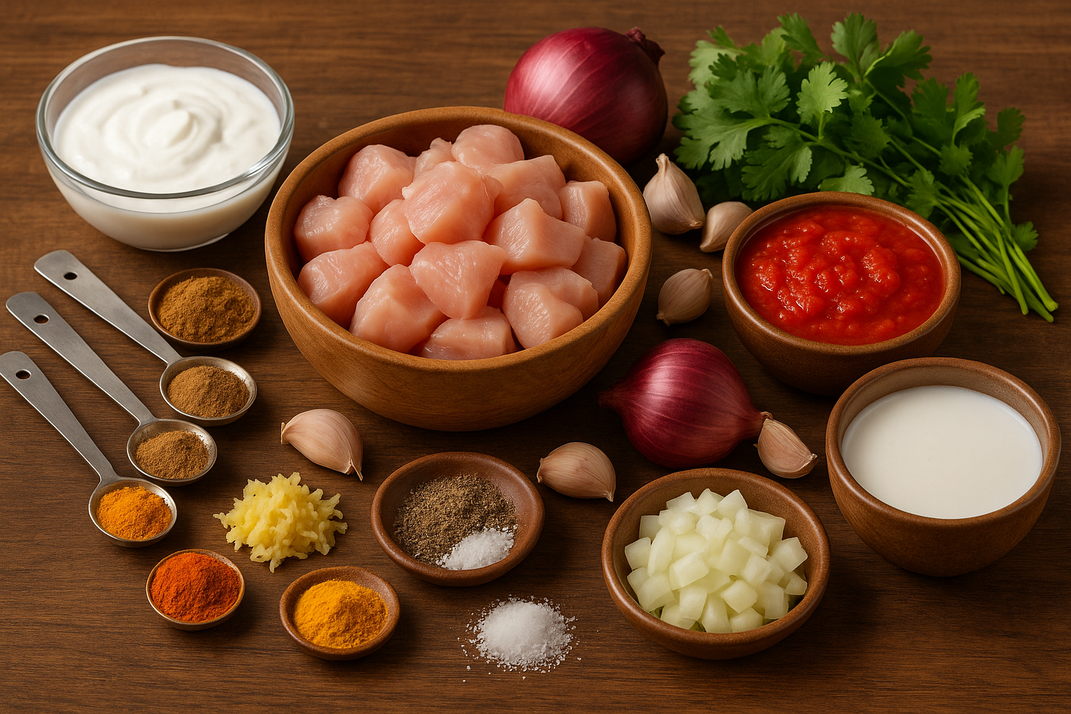 Ingredientes para pollo tikka masala: pollo, yogur, especias, tomate y leche de coco
