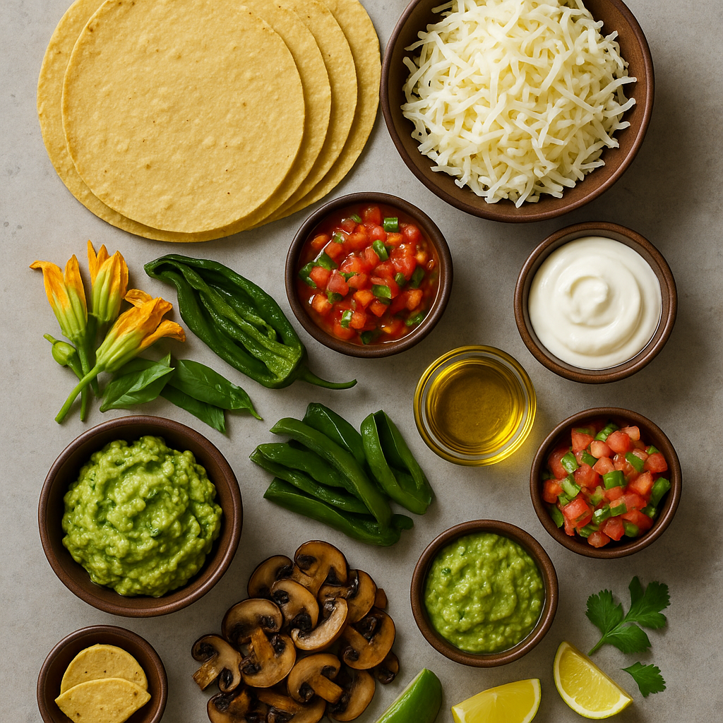 Ingredientes para quesadillas: tortillas, queso, chile, flor de calabaza