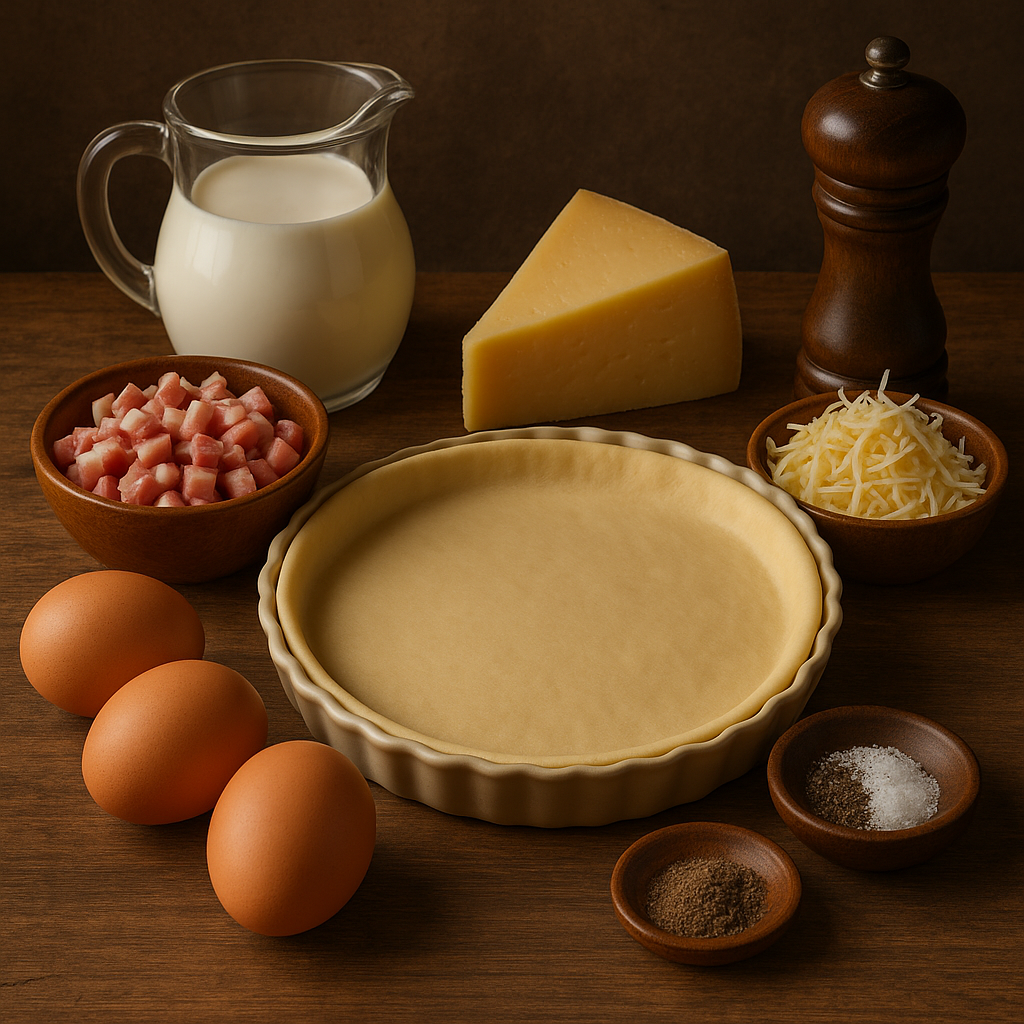 Ingredientes para quiche Lorraine: masa, panceta, huevos, nata y queso