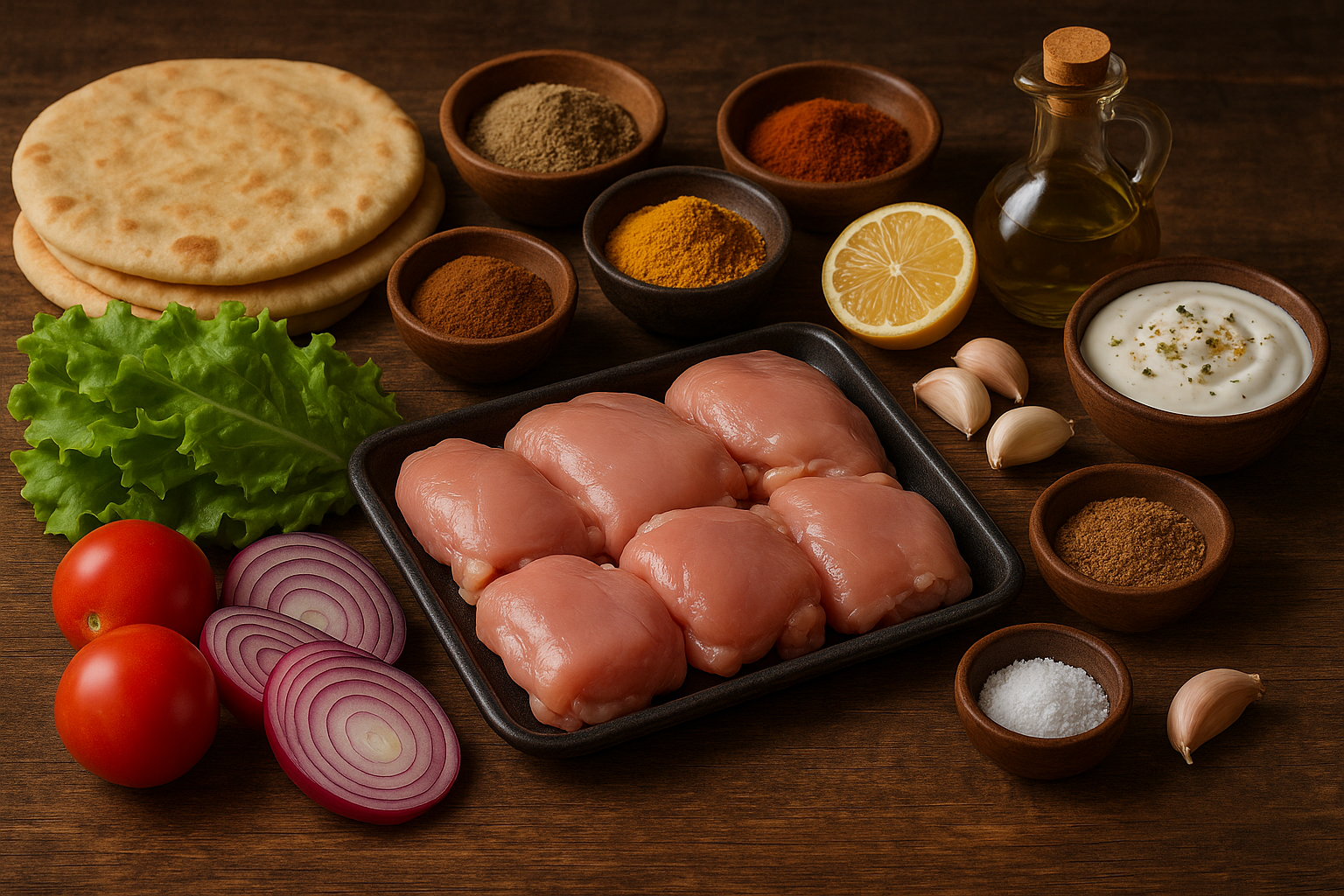 Ingredientes para shawarma de pollo: especias, pollo, verduras y salsa de yogur