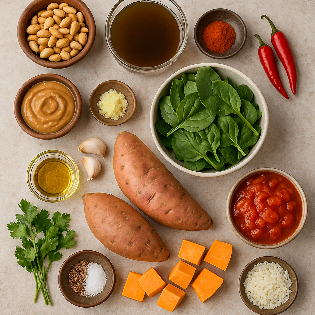 Ingredientes de la sopa africana de cacahuete: batata, pasta de cacahuete, tomate, cebolla, espinaca