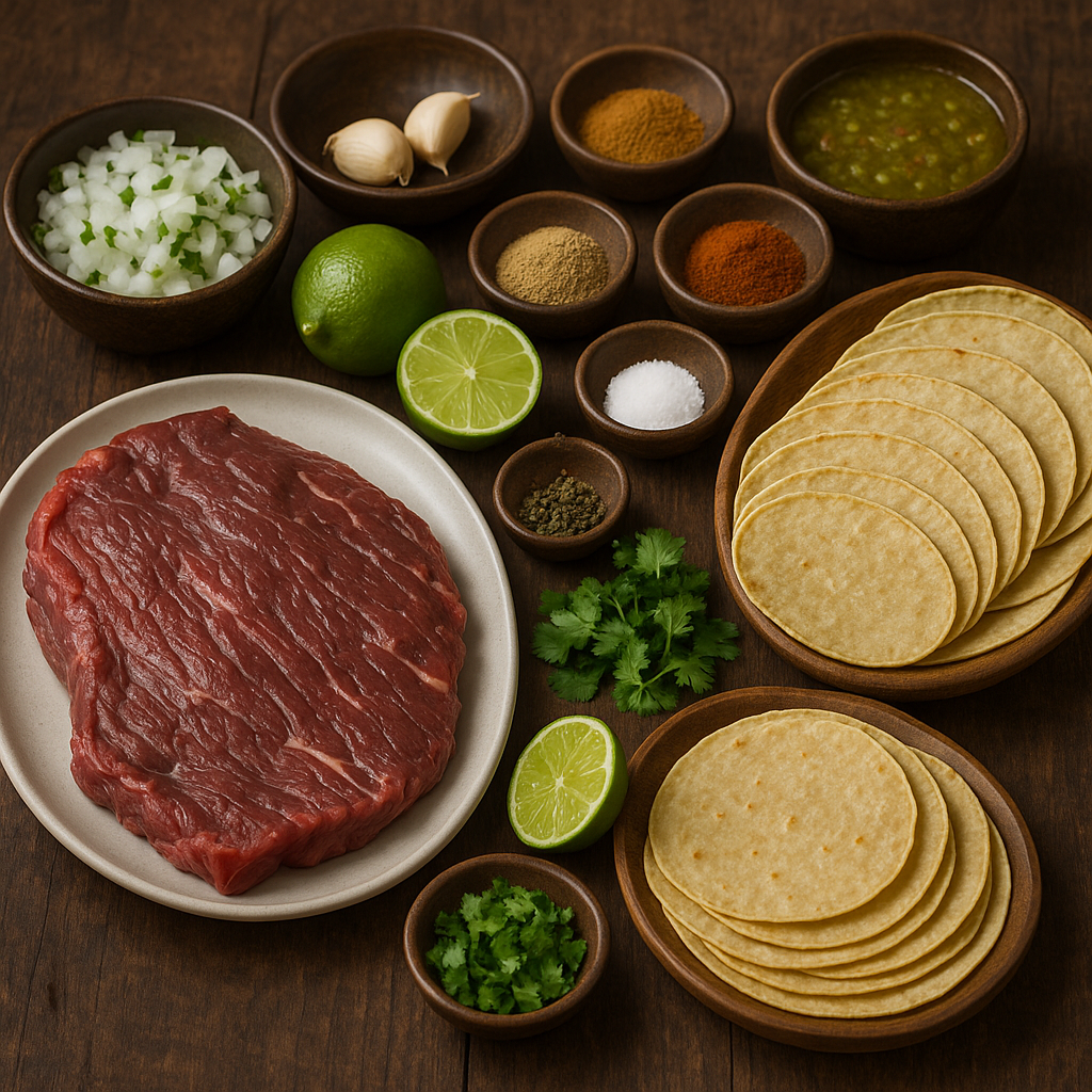 Ingredientes para tacos: carne, tortillas, cilantro, limón
