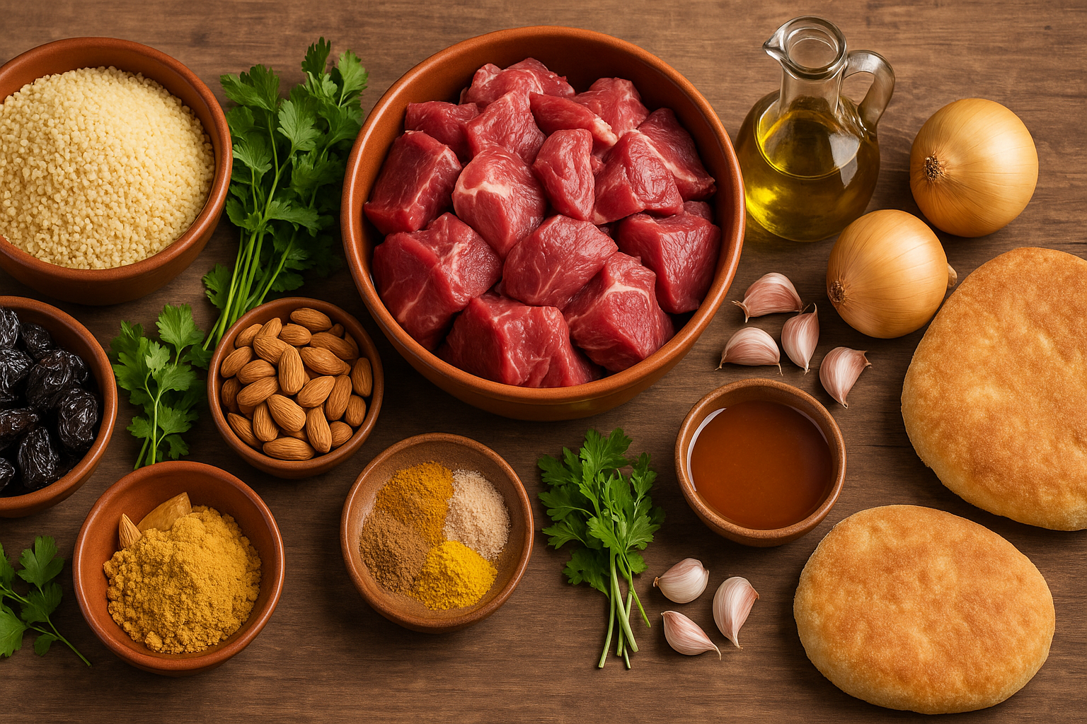 Ingredientes para tajín de cordero con ciruelas: cordero, ciruelas, especias y hierbas