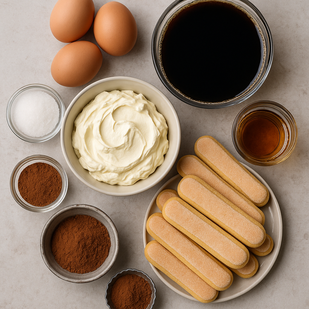 Ingredientes para tiramisú: mascarpone, huevos, café, bizcochos