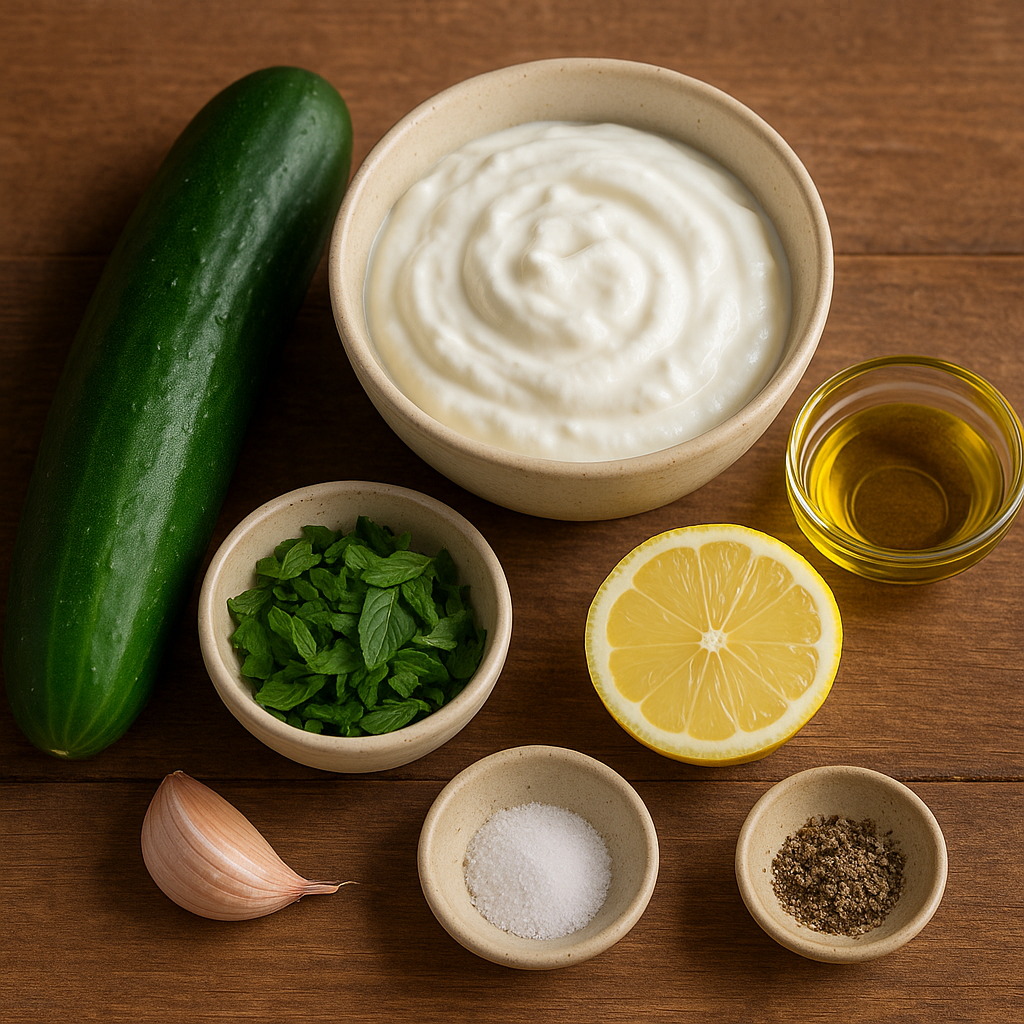 Ingredientes para salsa tzatziki griega: pepino, yogur, ajo, limón y menta