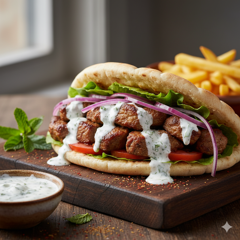 Kebab de cordero casero con salsa y verduras