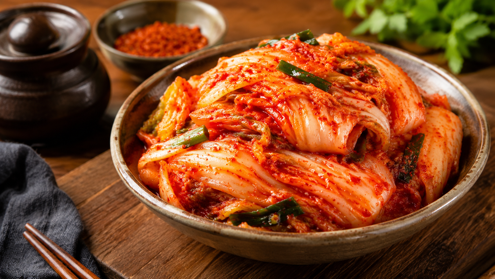 Kimchi coreano de col china fermentada con gochugaru, ajo, jengibre y cebolleta