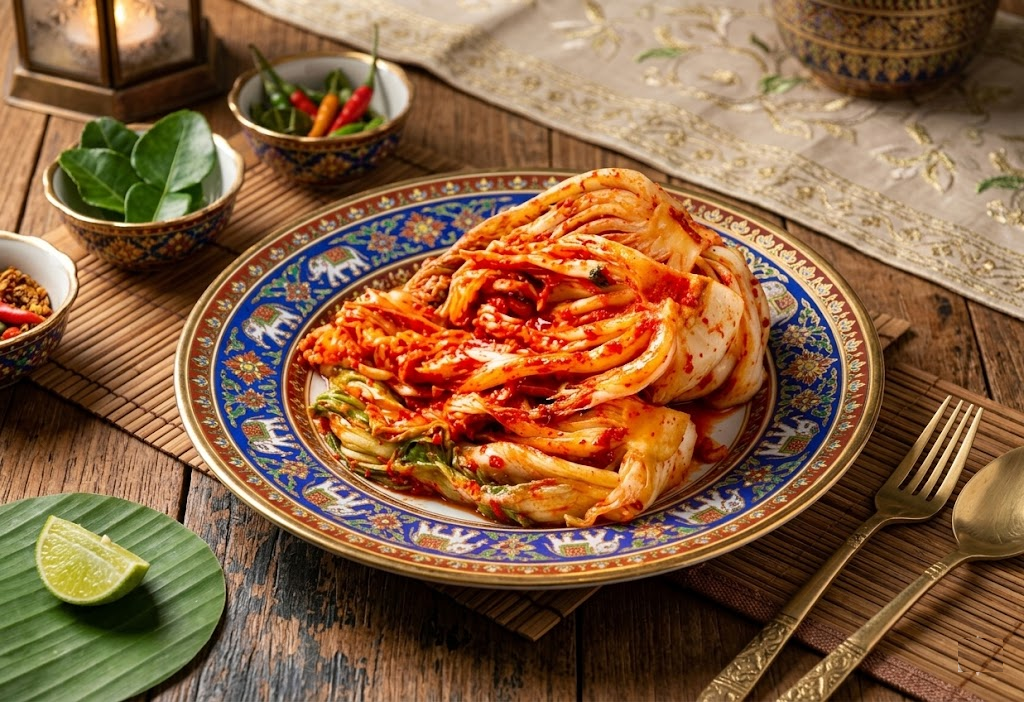 Kimchi coreano servido en cuenco con col fermentada, gochugaru y cebolleta