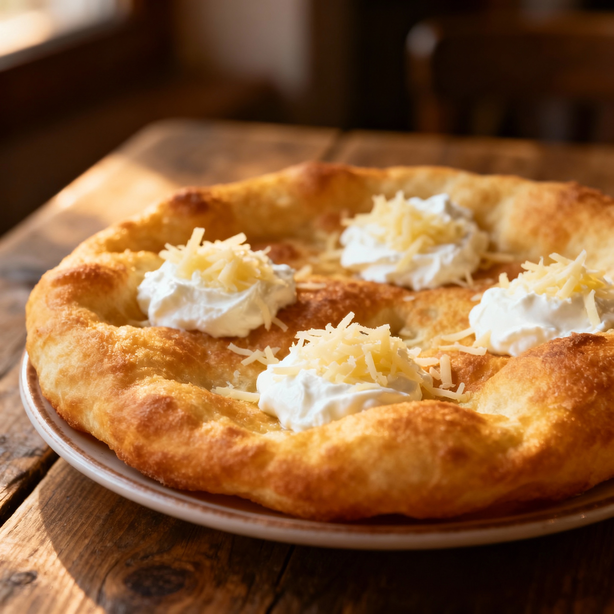 Langos húngaro con crema agria, ajo y queso rallado