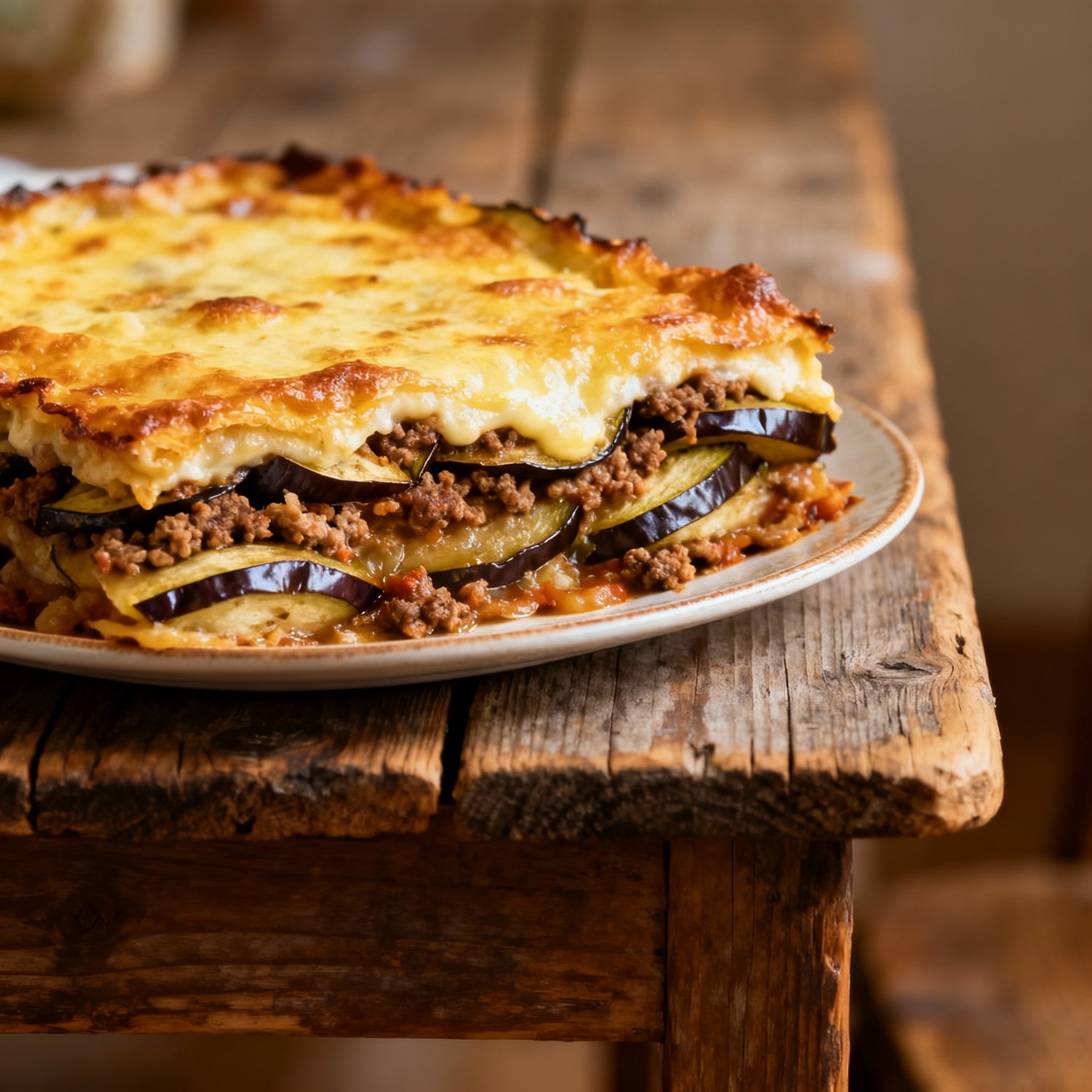 Porción de moussaka griega gratinada